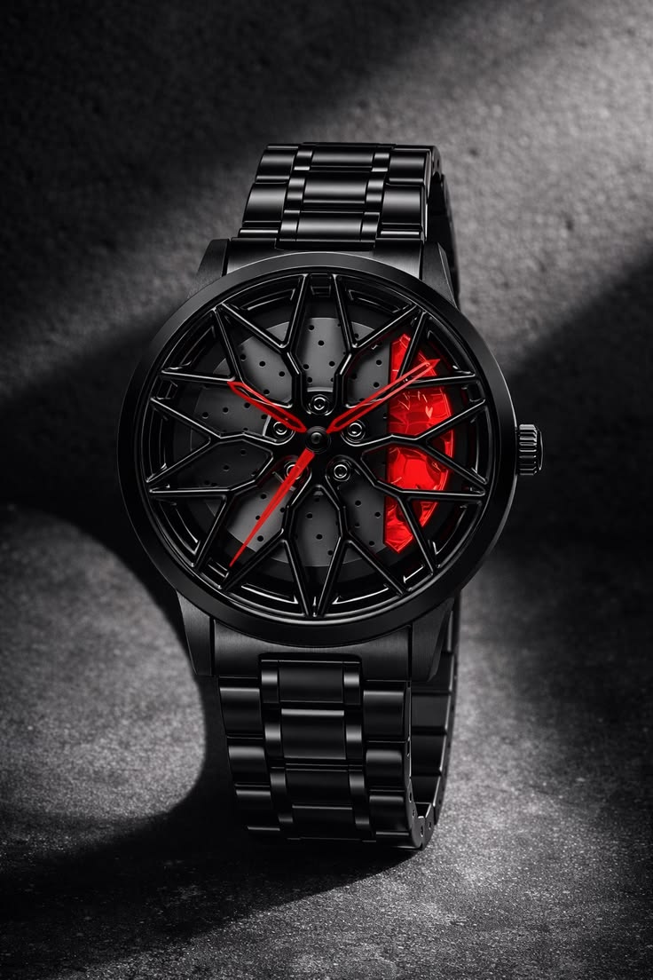 Luxury Sports Alloy Wheel Design Watch – Black & Red Premium Stainless Steel Wrist Watch for Men