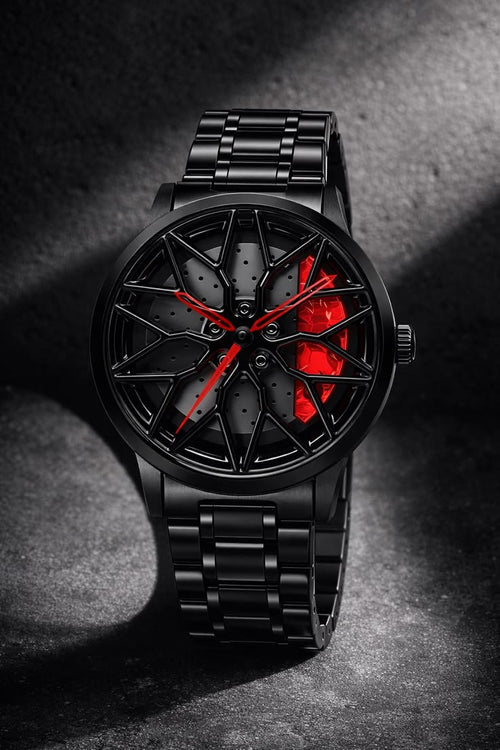 Luxury Sports Alloy Wheel Design Watch – Black & Red Premium Stainless Steel Wrist Watch for Men