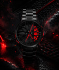 Luxury Sports Alloy Wheel Design Watch – Black & Red Premium Stainless Steel Wrist Watch for Men