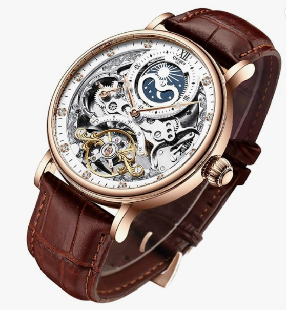 IK COLOURING Bestn Mens Luxury Skeleton Automatic Mechanical Wrist Watches Leather Moon Phrase Luminous Hands Self-Wind Watch