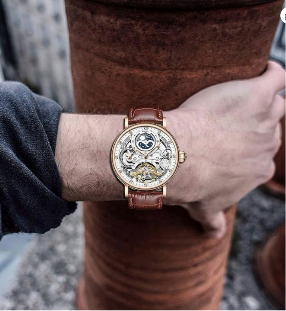 IK COLOURING Bestn Mens Luxury Skeleton Automatic Mechanical Wrist Watches Leather Moon Phrase Luminous Hands Self-Wind Watch