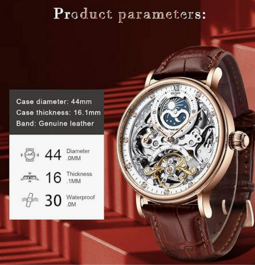 IK COLOURING Bestn Mens Luxury Skeleton Automatic Mechanical Wrist Watches Leather Moon Phrase Luminous Hands Self-Wind Watch