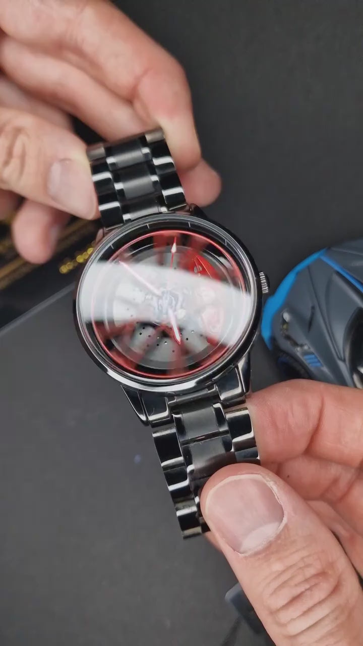 Luxury Sports Alloy Wheel Design Watch – Black & Red Premium Stainless Steel Wrist Watch for Men